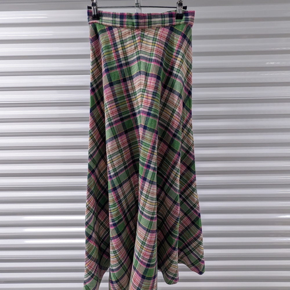 Vintage Custom Plaid A-Line Midi Skirt in Pink & Green